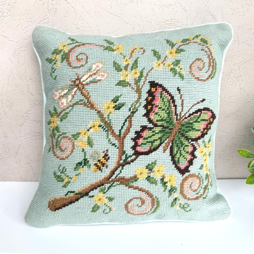 Vintage Needlepoint Butterfly Dragonfly Bee Sage Green Wool Accent Pillow 12x12